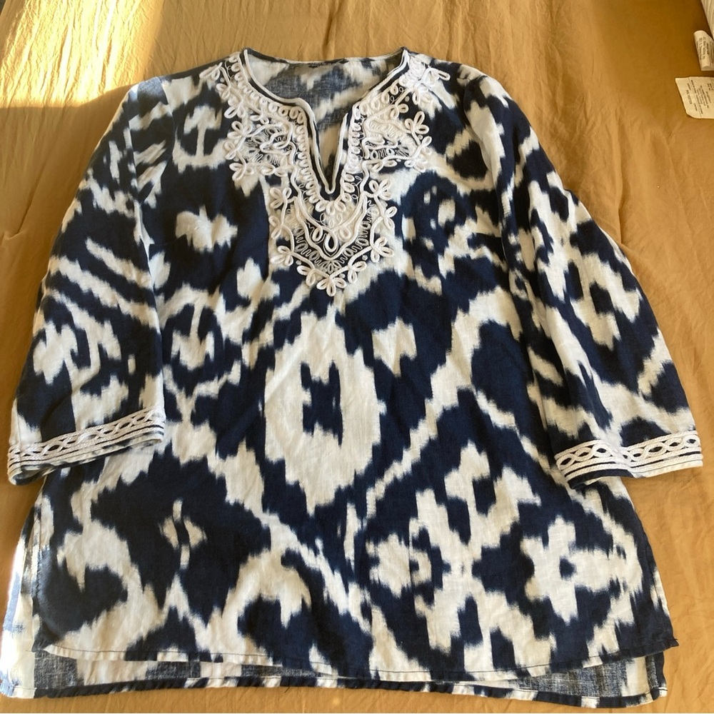 Jones New York Signature Top Women’s Sz S Linen Tunic Style Blouse Navy & White